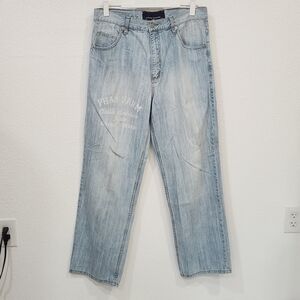 PHAT Farm Y2K Baggy Wide Pipe Leg Skater Light Blue Denim Mens Jeans 34x33